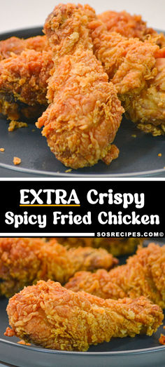 some fried chicken is on a plate with the words extra crispy spicy fried chicken