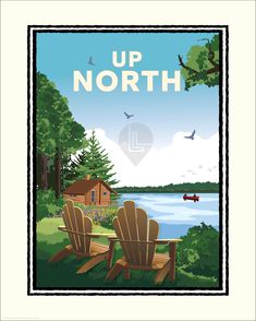 a poster with two chairs sitting in front of a lake and cabin on the shore