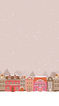 an illustration of a snowy town with houses and trees in the foreground, on a pink background