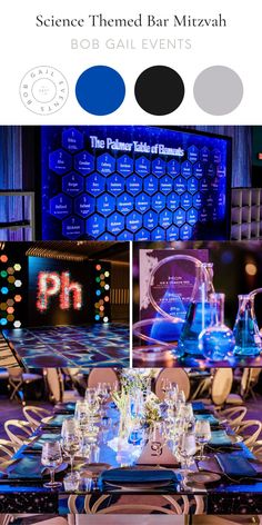 an image of a table set up for a party with blue and black lighting on it