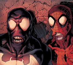 spider - man and deadpool face off in front of a cracked wall