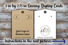 two cardboard tags with the words, 2 in by 2 in earring display cards