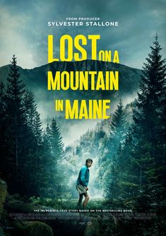 the movie poster for lost in a mountain in maine, with a man standing on top of