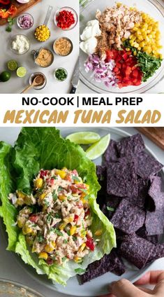 mexican tuna salad with lettuce, tomatoes and corn on the side is shown