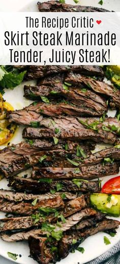 steak marinade on a white plate with tomatoes and cucumber garnish