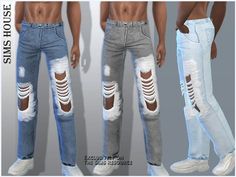 three different styles of ripped jeans with holes on the sides and knees, all in various colors