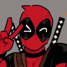 a deadpool is holding up two fingers and giving the peace sign with both hands