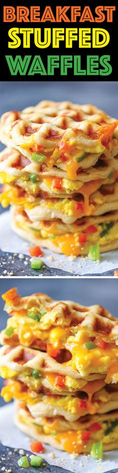 breakfast stuffed waffles are stacked on top of each other