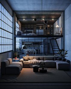 a living room filled with furniture and lots of windows