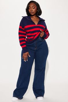 Available In Navy/Red And Black/White. Striped Pullover Sweater Quarter Zip Collar Long Sleeve Ribbed Detail 50% Rayon 30% Polyester 20% Nylon Imported | Nadine Striped Quarter Zip Sweater in Navy Blue/Red size Large by Fashion Nova Quarter Zip Sweater Outfit Women, Red And Blue Outfits For Women, Red Casual Outfit, Red Sweater Outfit, Striped Pullover, Zip Collar, Blue Jumper, Quarter Zip Sweater, Red Sweater