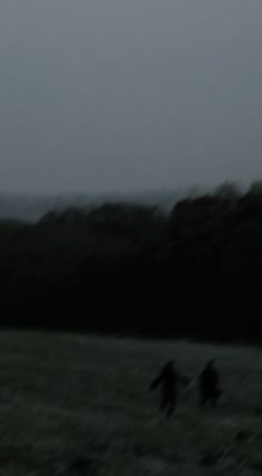 three people are running through the grass under an umbrella in the rain at night time