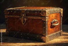 an old wooden trunk sitting on top of a table