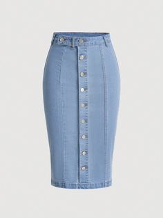 Light Wash Elegant Collar  Denim Plain Pencil Embellished Medium Stretch  Women Clothing Denim Bodycon Skirt, Button Front Denim Skirt, Denim Button Skirt, Jean Pencil Skirt, Clothes Pegs, Blue Denim Skirt, Denim Skirt Women, Weird Shirts, Simple Trendy Outfits