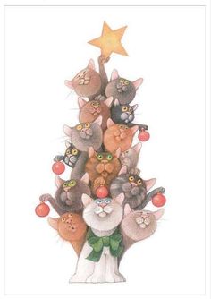 a christmas tree with many cats on it and a star in the top right corner