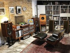 a living room filled with furniture and bookshelves next to a wall full of records