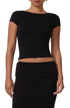 A cropped top presents as simple and standard from the front but serves seriously sultry vibes in the back. 18 1/2" length (size Medium) Boat neck lined Short sleeves Open back 95% rayon, 5% spandex Machine wash, tumble dry Imported Stretch Short Sleeve Crop Top With Built-in Bra, Cropped Top With Built-in Bra And Minimal Stretch, Stretch Elastane Cropped Tops, Chic Scoop Neck Crop Top With Built-in Bra, Chic Seamless Fitted Crop Top, Sleek Stretch Crop Top For Spring, Stretch Crop Top With Built-in Bra And Short Sleeves, Tops With Built-in Bra For Night Out, Versatile Elastane Crop Top