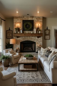 a living room filled with furniture and a fire place