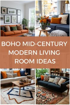 Collage of modern living rooms with boho mid-century decor and vibrant textiles. Mid Century Modern With Boho, Hygge Mid Century Modern, African Boho Living Room Modern, Frida Kahlo Living Room Decor, Mid Century Modern Mixed With Traditional, Modern Boho Style Living Room, Century Modern Living Room, Cozy Boho Living Room Inspiration Modern, Mid Mod Decor