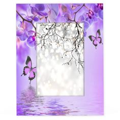 an artistic photo frame with purple flowers and butterflies in the background on a water surface