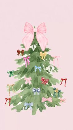 a watercolor painting of a christmas tree with pink bows and bows on it's top