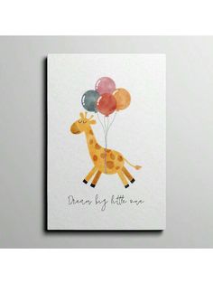 a card with a giraffe holding balloons