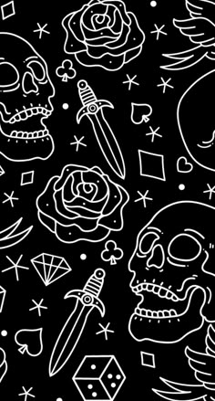 a black and white drawing of skulls, roses, and knives on a dark background