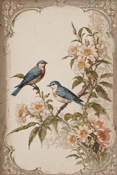 two birds sitting on top of a branch with flowers