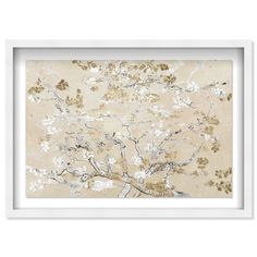 a painting with white and gold flowers on it's side, in front of a beige