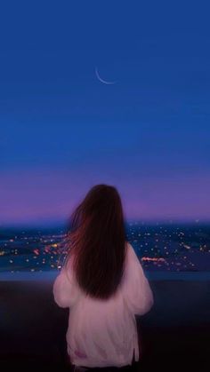 a woman looking out at the night sky