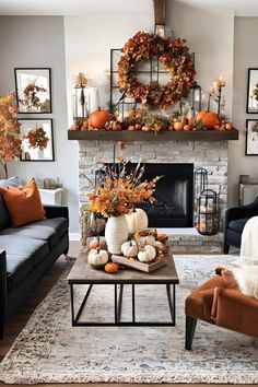 a living room decorated for fall with pumpkins, candles and wreaths on the mantel