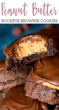 chocolate peanut butter buckeye brownie cookies stacked on top of each other with the cookie in the middle