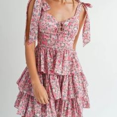 Floral Corset Style Ruffle Dress With Self Tie Straps Button Down Denim Dress, She She, Floral Corset, Kick Flare Jeans, Corset Bodice, Corset Mini Dress, Slim Straight Jeans, Pink Mini Dresses, Corset Style