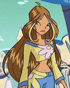 a cartoon girl with long brown hair holding a pink flower in her right hand and looking at the camera