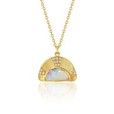 18k gold georgian bezel opal and diamond necklace with hand engraved detail.Fine jewelry hand made in London Our 18k gold jewelry is hand forged by specialist jewelers using recycled gold, reflecting our love and respect for the process of quality craftsmanship and sustainability. 18k gold Carat weight opal .82ct, diamond .22ct Pendant dimension 17mm x 11mm Chain length 18" with adjustable loop at 16.5"(46-42cm) One of a kind item Opal Pendant Necklace In Fine Jewelry Style, Gold Opal Pendant Jewelry, Unique Gold Opal Necklaces, Yellow Gold Opal Pendant Necklace, Jewelry Metalsmithing, Celestial Opal Pendant Jewelry, Travel Necklace, 18k Gold Jewelry, Jewelry Hand