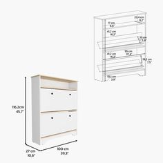 a white dresser with drawers and measurements