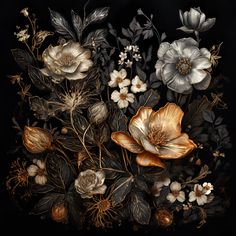 a painting of flowers and leaves on a black background with gold trimmings in the center