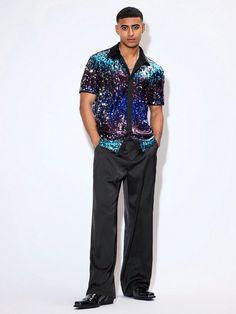 Black Street,Party Collar Short Sleeve Knitted Fabric Colorblock Shirt Embellished Slight Stretch  Men Clothing Disco Party Outfit For Men, Disco Outfits For Men, Disco Style Men, Disco Outfit Ideas 70s Men, Sequin Shirt Men, Coldplay Concert Outfit Ideas Men, Club Outfits Men Night, Casino Outfit Men