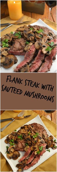 steak with sauteed mushrooms on a white plate