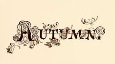 the word autumn written in cursive writing with leaves and swirls on it