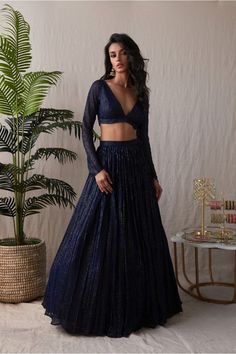 Matching Lehenga, Lurex Top, Midnight Blue Dress, Girly Style Outfits, Simple Lehenga, Lehenga Designs Simple, Blue Lehenga