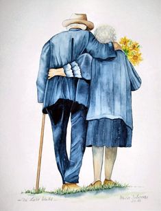 two people standing next to each other with their arms around each other and holding flowers