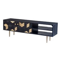 a black and gold sideboard with geometric designs on the front, two shelves below it