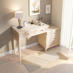 a white desk sitting in the corner of a room next to a lamp and window