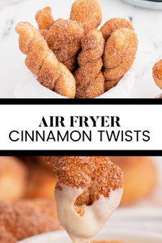 Two image collage of air fryer cinnamon twists. First image is the twists in a white bowl. Second image is a twist being dipped in cream cheese dipping sauce. Donut Twists, Cream Cheese Dipping Sauce, Cheese Dipping Sauce, Cinnamon Twist, Simply Stacie, Biscuits Recipes