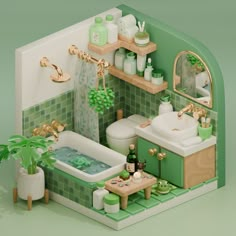 a green and white bathroom with sink, bathtub, toilet and plants in it