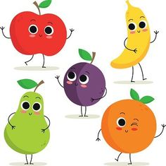 an apple, pear, orange and banana cartoon characters