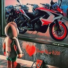 a painting of a person standing in front of a motorcycle