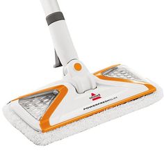 a white and orange floor sweeper on a white background with the words power scrub written below it