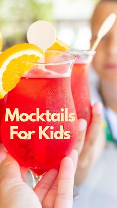 two people holding up glasses with drinks in them and the words cocktails for kids