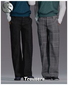 two male mannequins dressed in black and grey plaid pants, one wearing a green sweater